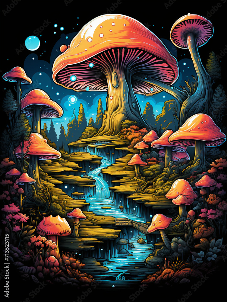 T-shirt design, psychedelic mushroom forest, vibrant and swirling colors, surreal landscapecreated with Generative Ai