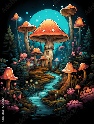 T-shirt design, psychedelic mushroom forest, vibrant and swirling colors, surreal landscapecreated with Generative Ai © Andrii Yablonskyi