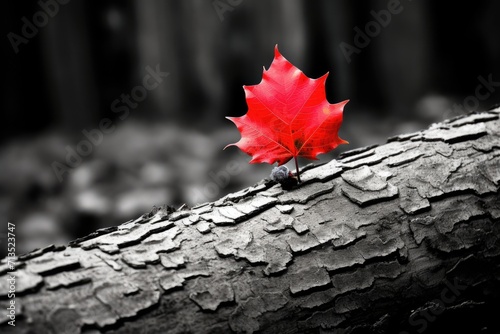 Selective Color - Red Autumn Leaf and Tree Trunk Against Black and White Background. Beautiful photo