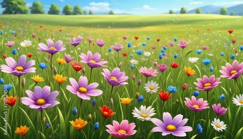Beautiful Illustration of a flower meadow in spring. Generative AI