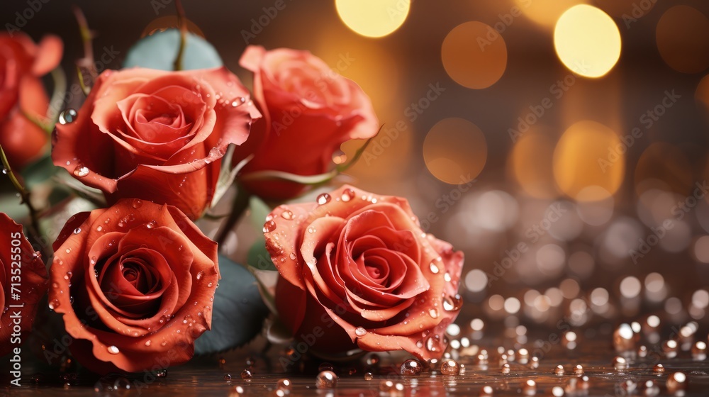 A close-up of vibrant red roses adorned with dewdrops, set against a bokeh background. The elegant, fresh flowers with lush green leaves create a romantic and luxurious atmosphere A close-up of vibrant red roses adorned with dewdrops, set against a bokeh background. The elegant, fresh flowers with lush green leaves create a romantic and luxurious atmosphere