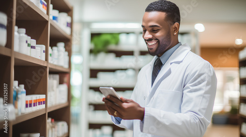 Portrait of Happy Pharmacist Checking Medicine with Smartphone - Pharmacy Work
