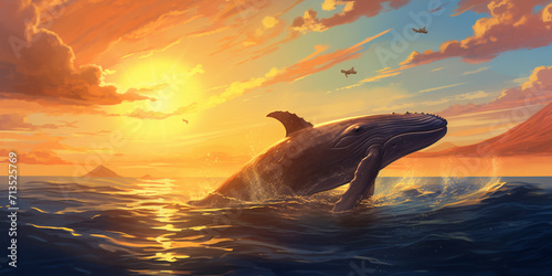 Blue whale fish jumping out of ocean water, a big wale is swimming on the sea, The huge whale on sunset, illustration of a whale in the sky during sunset, realistic painting, classical painting,  photo