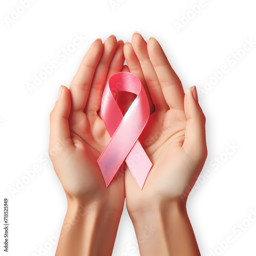 World cancer awareness day concept I am and I will hands of woman holding pink ribbon breast cancer, pink cancer ribbon in hand transparent background