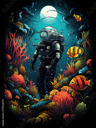 T-shirt design, underwater explorer, vintage diving suit, surrounded by colorful coral reef and exotic fish created with Generative Ai