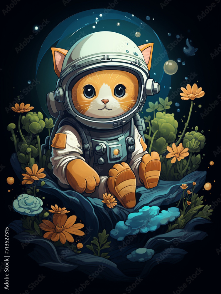 Fototapeta premium T-shirt design, playful astronaut cat, floating in zero gravity, fish-shaped stars, whimsical, cute and quirky, bright oranges and blues created with Generative Ai