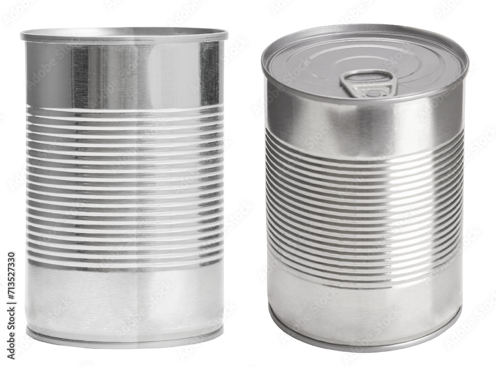 Closeup food canned, mockup preserve food container. Blank Metal cylinder tin can side view isolated on white background. Closeup food canned, mockup preserve food container. Blank Metal cylinder tin can side view isolated on white background.