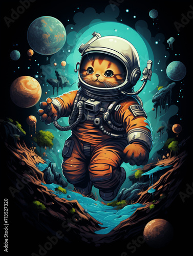 T-shirt design, playful astronaut cat, floating in zero gravity, fish-shaped stars, whimsical, cute and quirky, bright oranges and blues created with Generative Ai
