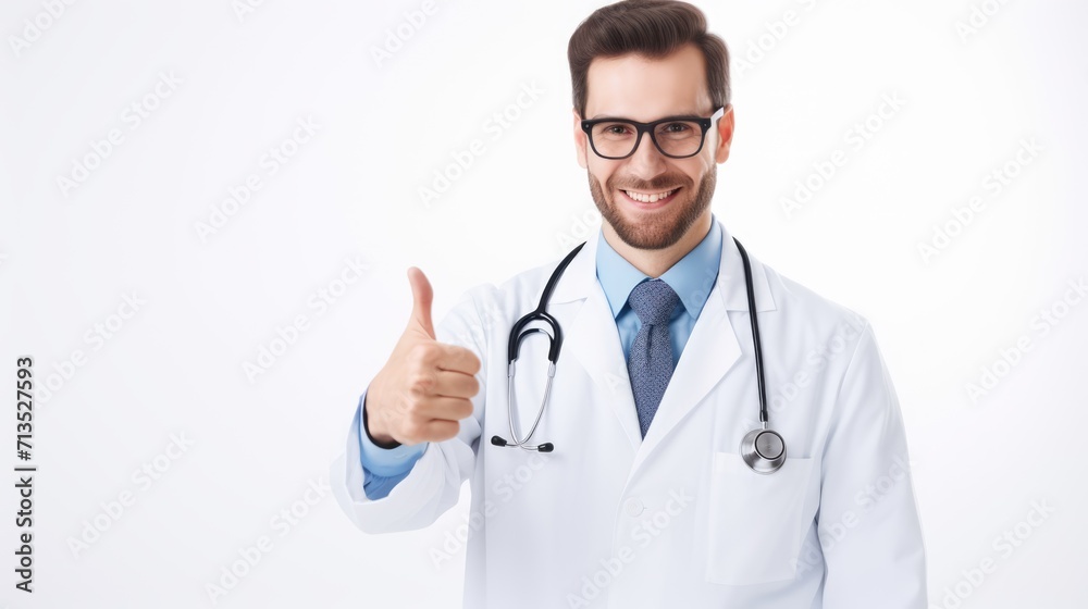 A young doctor in a white coat stands against a gray background, smiling confidently with a raised thumb, radiating assurance and professionalism.