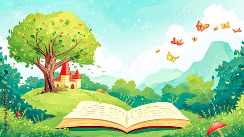 Enchanted storybook in a magical forest, illustration with butterflies