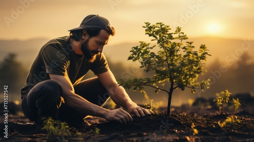 Man tenderly plants a tree at sunset, embodying eco-consciousness with hands in soil, nurturing growth in a serene setting.