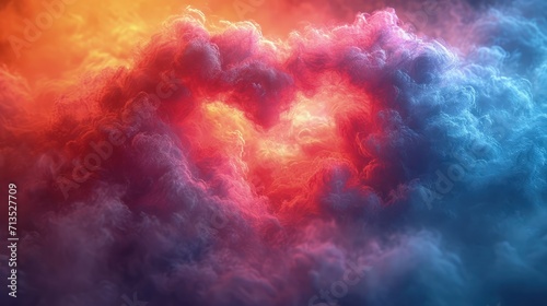 Vivid clouds in red and blue hues form a heart shape, creating a dreamlike vision of love in a vibrant, glowing sky.