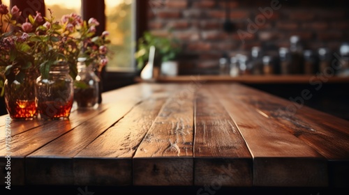 Warm sunlight bathes a rustic wooden table with flowers in jars, against a cozy kitchen interior with a blurred background.