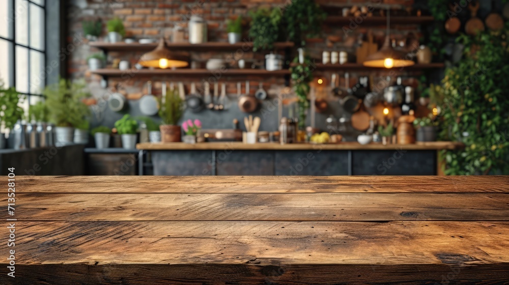 Foreground focus on a rustic wooden table with a warm, stylish kitchen and blurred shelves of utensils and plants in the background. Foreground focus on a rustic wooden table with a warm, stylish kitchen and blurred shelves of utensils and plants in the background.