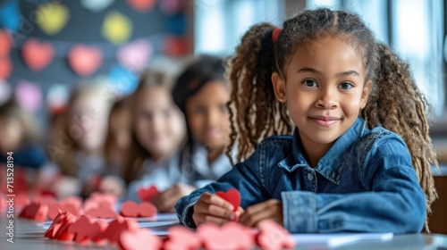A young girl with curly hair and denim jacket smiles over Valentine's crafts, with classmates blurred in the background.