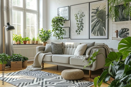 a living room with a sofa and various plants Generative AI