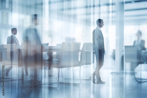 Blurred office interior space background.Business people at work in a busy luxury office space