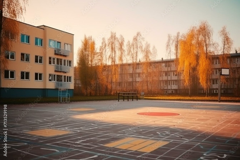 School building and schoolyard with playground during evening in autumn. Selective focus on hopscotch. Back to school educational concept. Generative AI