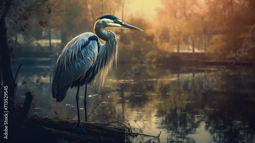 A heron is sitting by a river ai generative photo photo