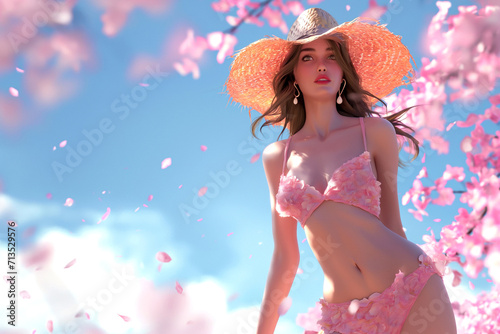 A young beautiful girl in an open swimsuit posing against the backdrop of a sea view. There are flowers in the background. Beautiful color illustration
