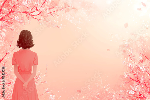 Picture of a girl and sakura. Pink tones. Japanese history. Fashionable color illustration