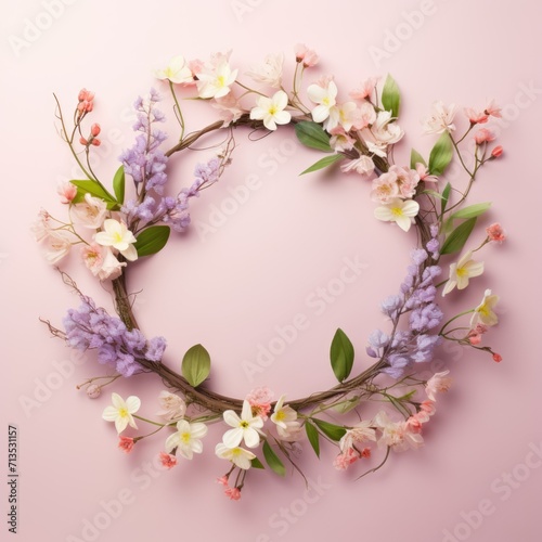 spring composition. A circle of buds and white blossoming apple flowers on a beige light pastel background. Flat lay, top view, copy space © Al