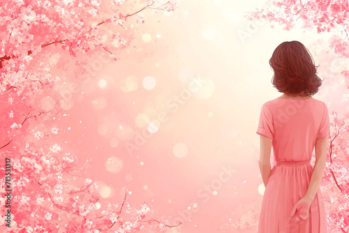 Picture of a girl and sakura. Pink tones. Japanese history. Fashionable color illustration