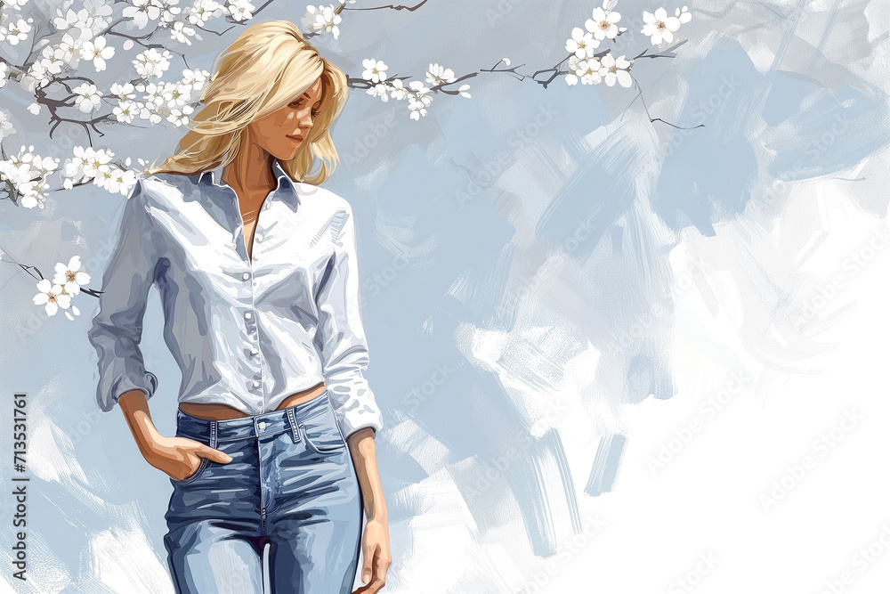 Imitation of an oil painting. Young woman in fashionable jeans and a white blouse, on a spring background. Color illustration. Imitation of an oil painting. Young woman in fashionable jeans and a white blouse, on a spring background. Color illustration.
