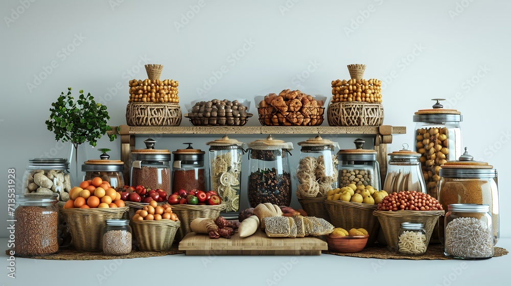 Selection of dried fruits and vegetables in a pantry. 3d rendering Selection of dried fruits and vegetables in a pantry. 3d rendering