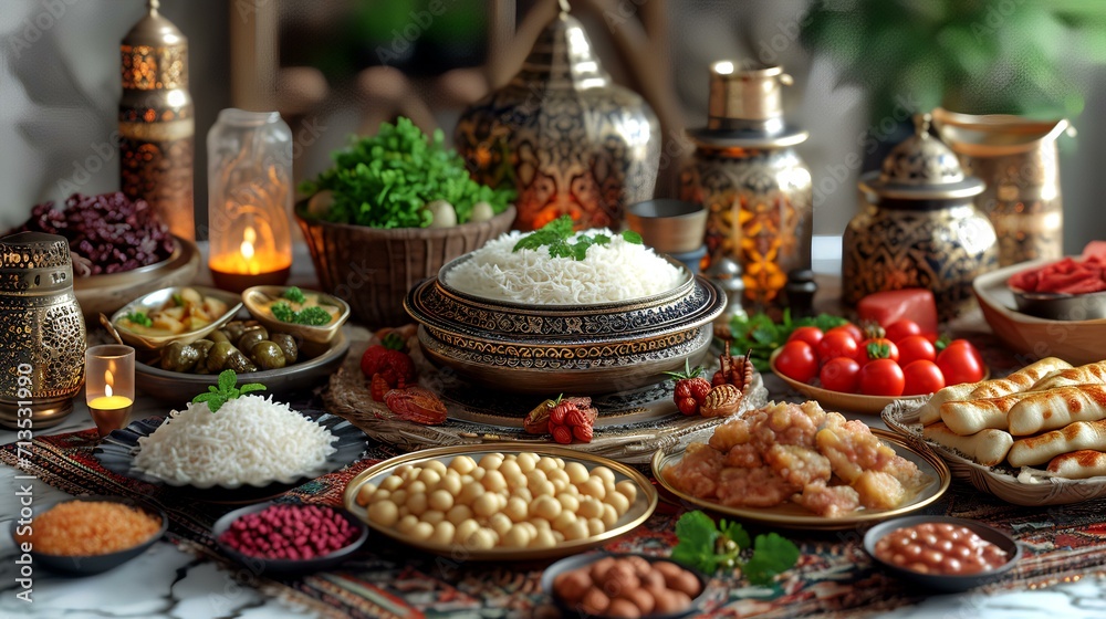 Traditional oriental dishes on the table. Rice, meat, vegetables and spices.