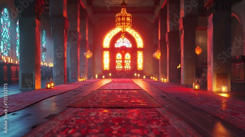 3D rendering of the interior of a mosque with glowing lanterns