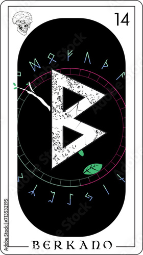 Viking tarot card with runic alphabet. Runic letter called Berkano that represents Fertility photo