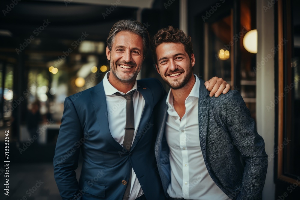 Two successful smiling business men standing with each other in an office in business suit. Two successful smiling business men standing with each other in an office in business suit.