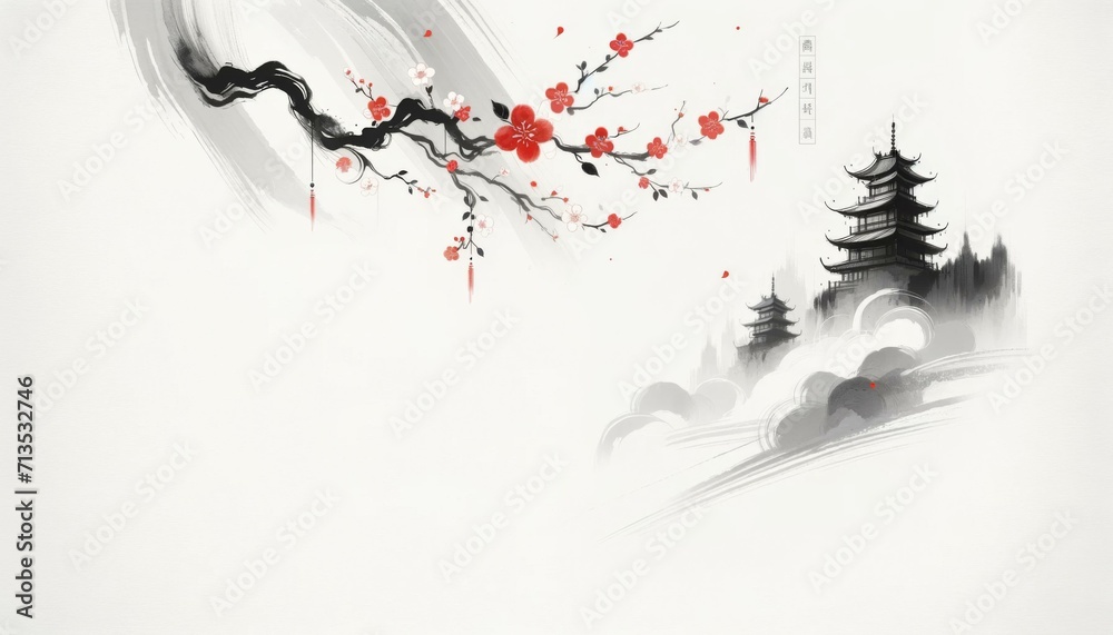 Obraz premium Elegant Asian-Inspired Cherry Blossom Artwork, Tranquil Decor Concept