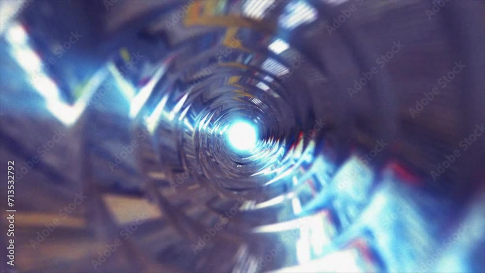 A spinning tunnel with walls made of metal sticks and lines with reflections of bright luminous sunbeams with grain effect. Abstract background. Video in high quality 4k, motion graphics design A spinning tunnel with walls made of metal sticks and lines with reflections of bright luminous sunbeams with grain effect. Abstract background. Video in high quality 4k, motion graphics design