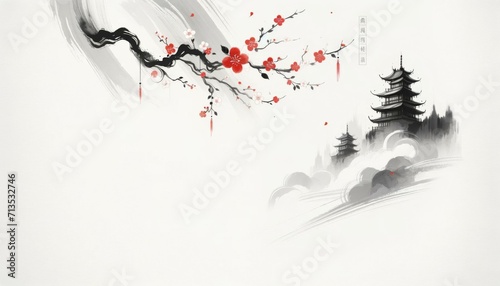 Elegant Asian-Inspired Cherry Blossom Artwork, Tranquil Decor Concept