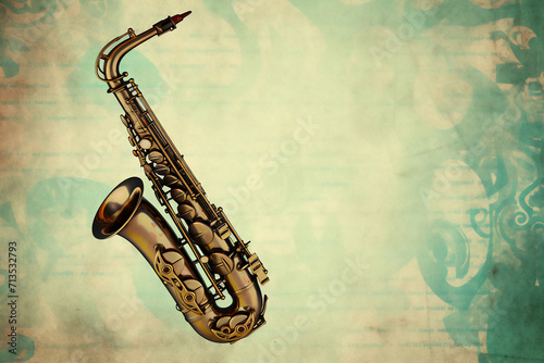 Brass saxophone background with an abstract vintage distressed texture which is a musical wind instrument used in blues, rock, jazz and classical music, stock illustration image photo