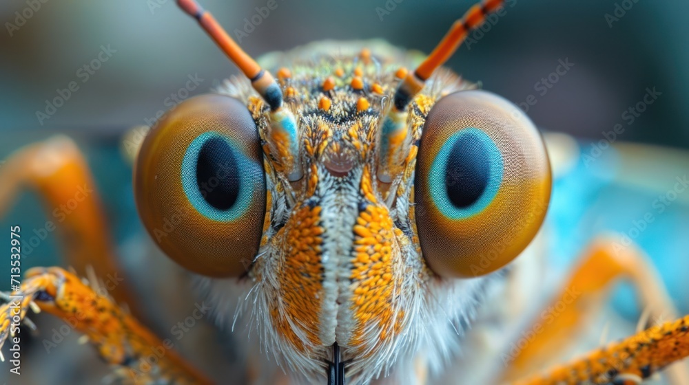 a close up of a blue and orange insect's eyes and head with orange tips ...