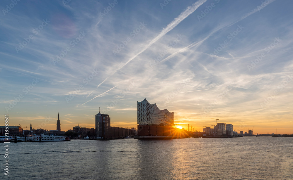 Sunrise over Hamburg with Elbphilharmonie in the foreground