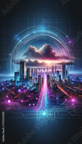 Futuristic Cityscape with Digital Overlay, Cyber Technology Concept