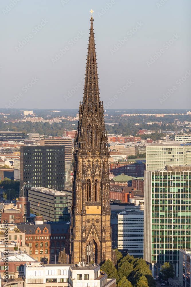 Aerial view of Saint Nicholas Church in Hamburg