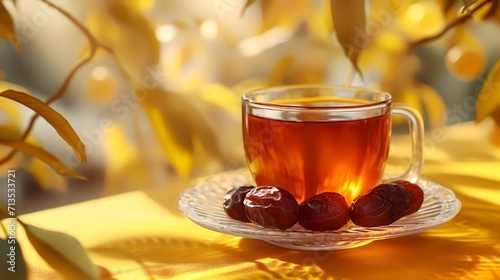 Cup of tea with dates on table against blurred background, closeup