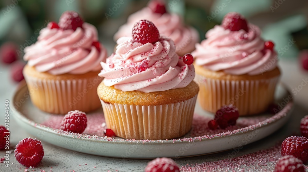 Elegant cupcakes with pink icing and raspberries on top, sprinkled with sugar on a ceramic plate, perfect for Valentine's Day.