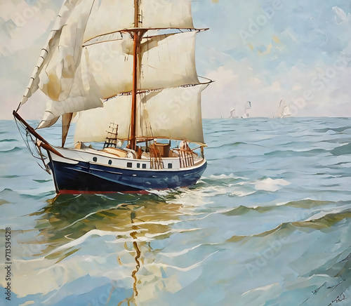 painting of A vintage A Sailboat In The Ocean. Vintage nautical wallpaper. classic painting in vibrant colors, sailing boat in the sea. Fine art, artwork.