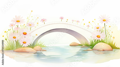 Bridges and daisies  Cartoon drawing  Water color style  AI Generated