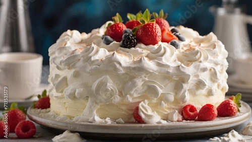 Zoom in on the dreamy clouds of whipped cream topping a cake, capturing their airy texture and the way they enhance the overall dessert. - Generative AI