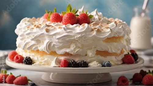 Zoom in on the dreamy clouds of whipped cream topping a cake, capturing their airy texture and the way they enhance the overall dessert. - Generative AI