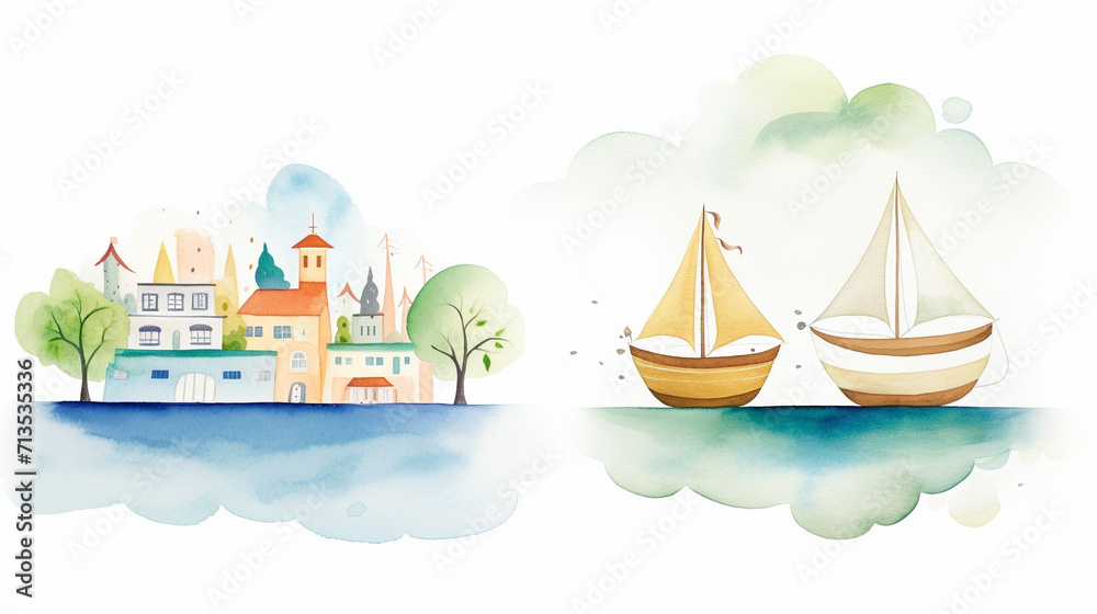 Coffee and boats, Cartoon drawing, Water color style, AI Generated