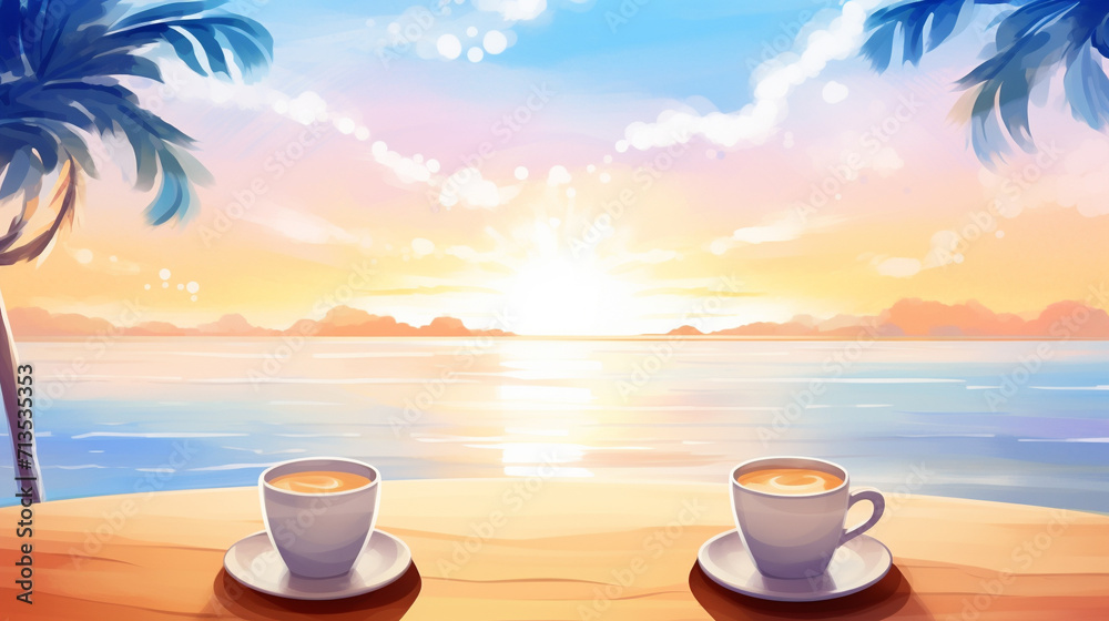 Coffee and sunset, Cartoon drawing, Water color style, AI Generated