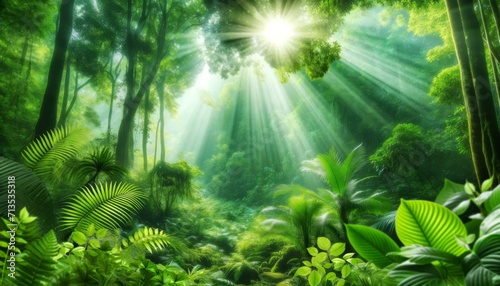 Enchanted Forest Scenery with Sunbeams, Nature Background